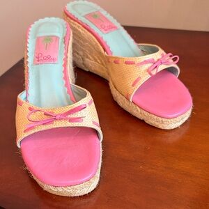 Lilly Pulitzer Pink and Tan darling Wedge Slide with basket detail Size 8.5